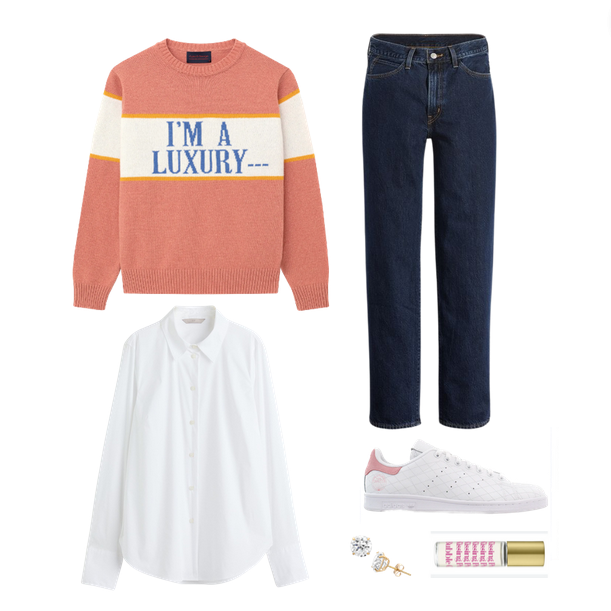 princess diana pink "im a luxury" sweater, indigo wash levi's 80s jeans, white buitton down, adidas stan smith pink, gold and cubic zirconia stud earrings, 1980s bubblegum roller lip gloss