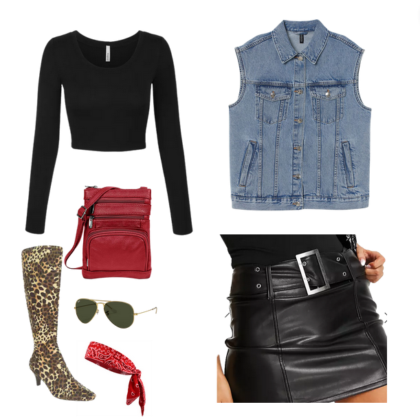 black long sleeve crop top, hm divided denim vest, cheetah print knee high heel boots, ray ban aviators, red leather crossbody bag, red bandana headband, grommett belted leather mini skirt