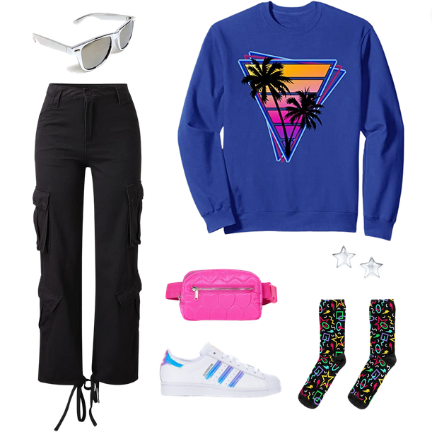 silver wayfarer shaped sunglasses, black parachude pants 80s y2k, synthwave blue crewneck triangle with palm trees, sterling silver star shaped stud earrings, heart print rectangle pink fanny pack, iridescent adidas superstars, bowling alley carpet print crew socks