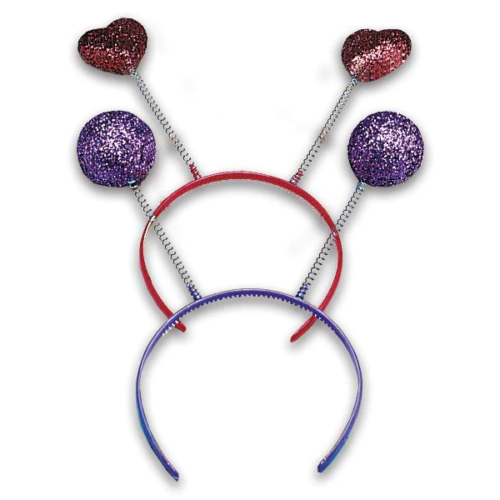 two glitter boppers - one red with hearts, one purple with spheres