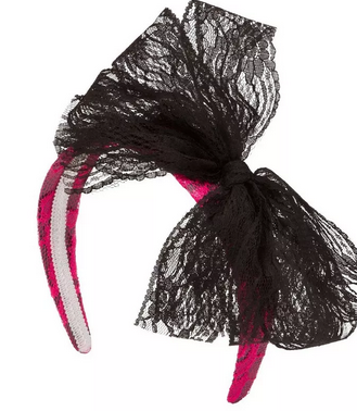 pink lace headband with large black lace bow, 1980s