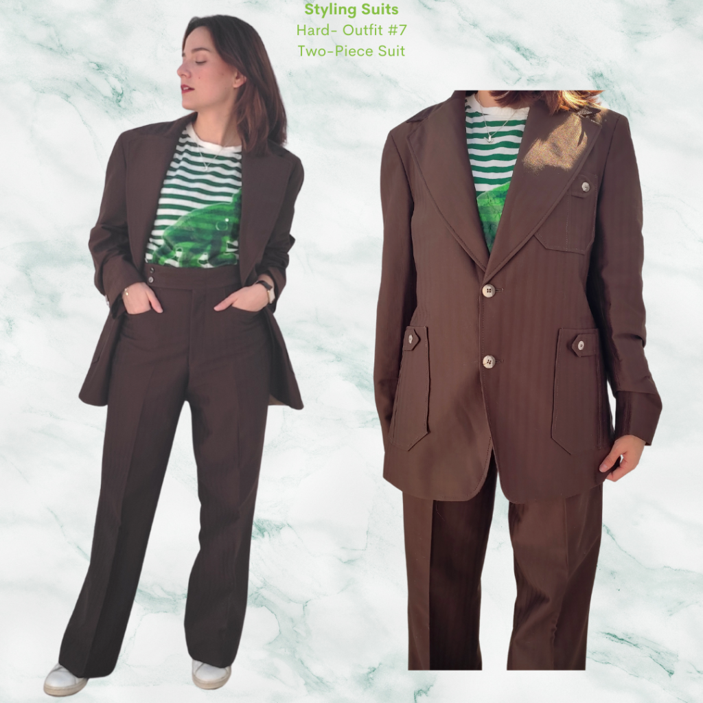 Styling Suits Outfit #7 - Brown suit, graphic t shirt with green stripes, white sneakers