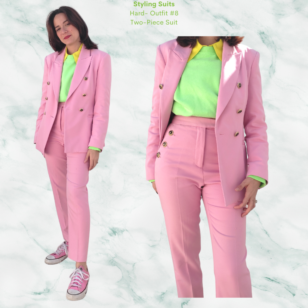 Styling Suits Outfit #8 - Pink Suit, neon yellow satin shirt, neon green sweatshirt, pink converse
