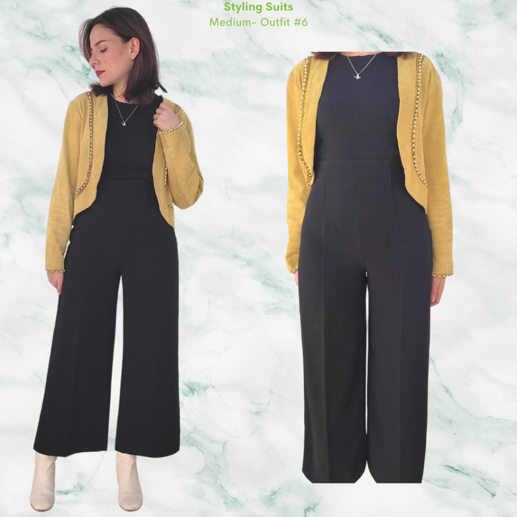 Styling Suits Outfit #6 - Black top, black culotte trousers, yellow suede jacket with pearls details, squared-toe off-white booties