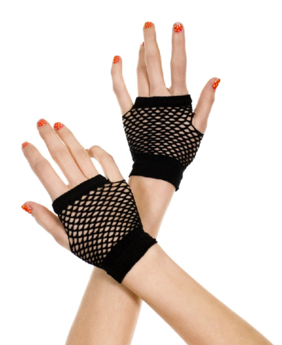 short fingerless black fishnet gloves on model with orange and white nail polish