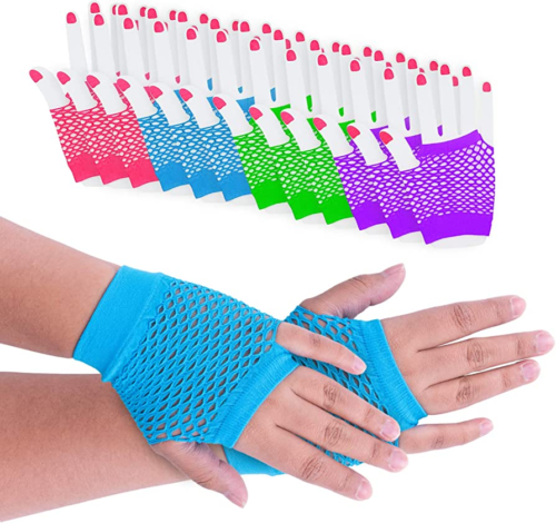 set of fingerless short fishnet gloves in pink, blue, green, and purple, all neon, model is wearing the blue pair