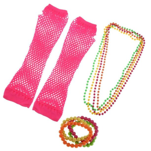 set of 80s accessories with neon pink forearm length fingerless hot pink fishnet gloves and necklace and bracelet bead sets in neon featuring yellow, pink, green, and orange