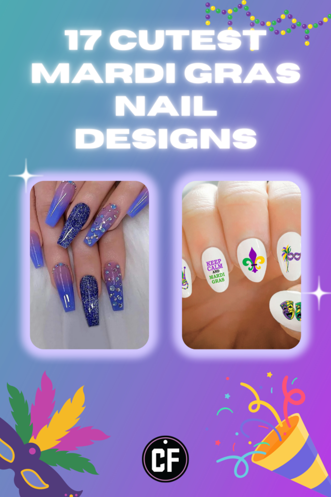 Two close-up images of Mardi Gras manicures with glitter and decorative accents. The background is a vibrant shade of purple, evoking the festive spirit of the carnival season.