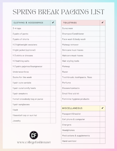 spring break trip packing list