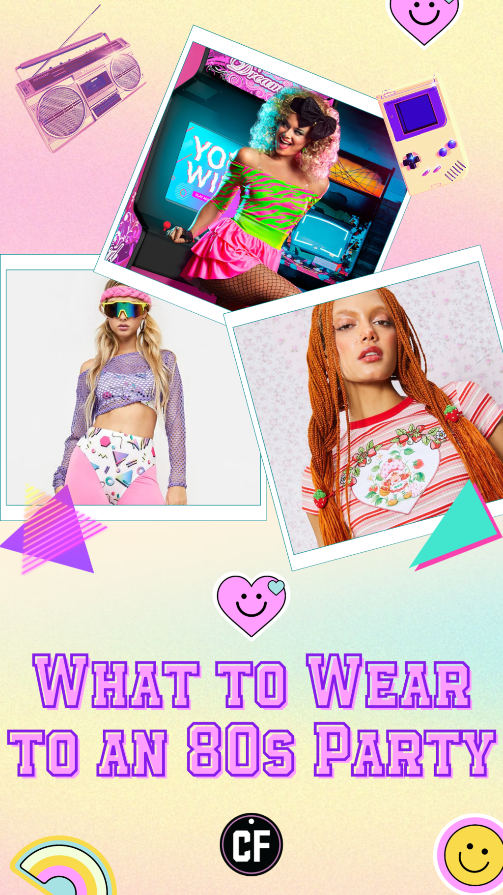What to wear to an '80s party header image with three cute 80s outfits for ladies