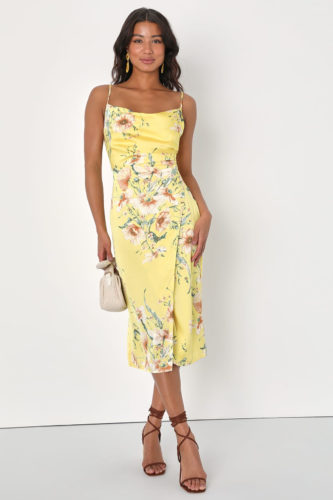 Lulus Yellow Floral Print Midi Dress