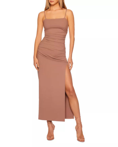 Neutral Ruched Midi Dress