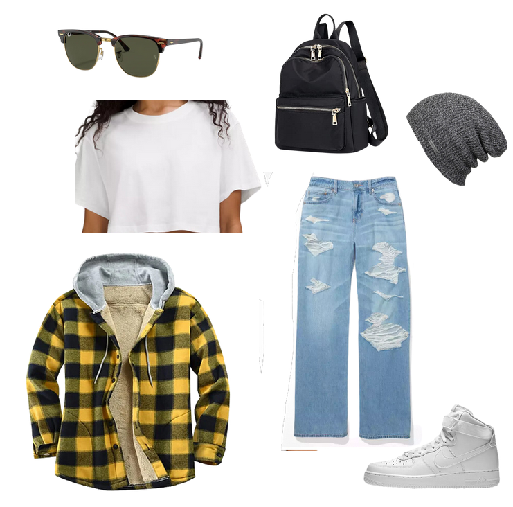 Tomboy outfit ideas: Outfit with baggy ripped jeans, high-top Nike sneakers, white cropped tee, and oversized yellow and black flannel hoodie
