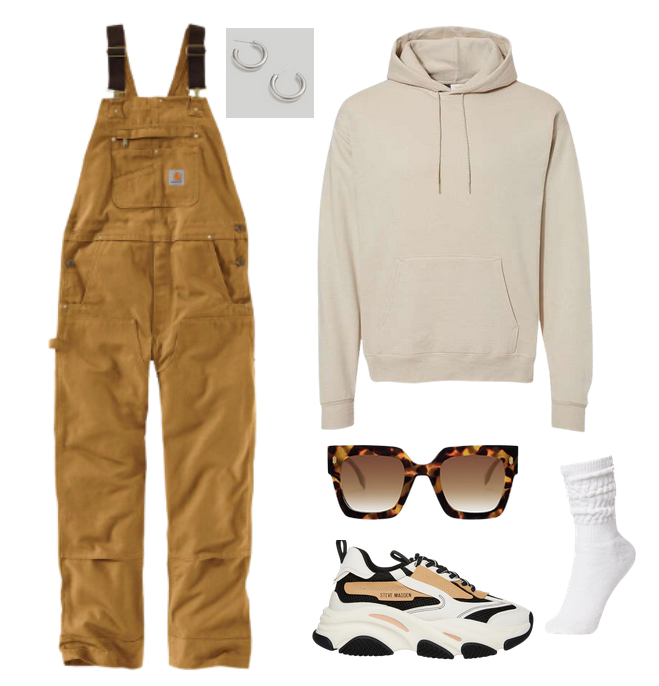 Tomboy outfit ideas: Carhartt overalls paired with dad sneakers, beige hoodie, hoop earrings and sunglasses