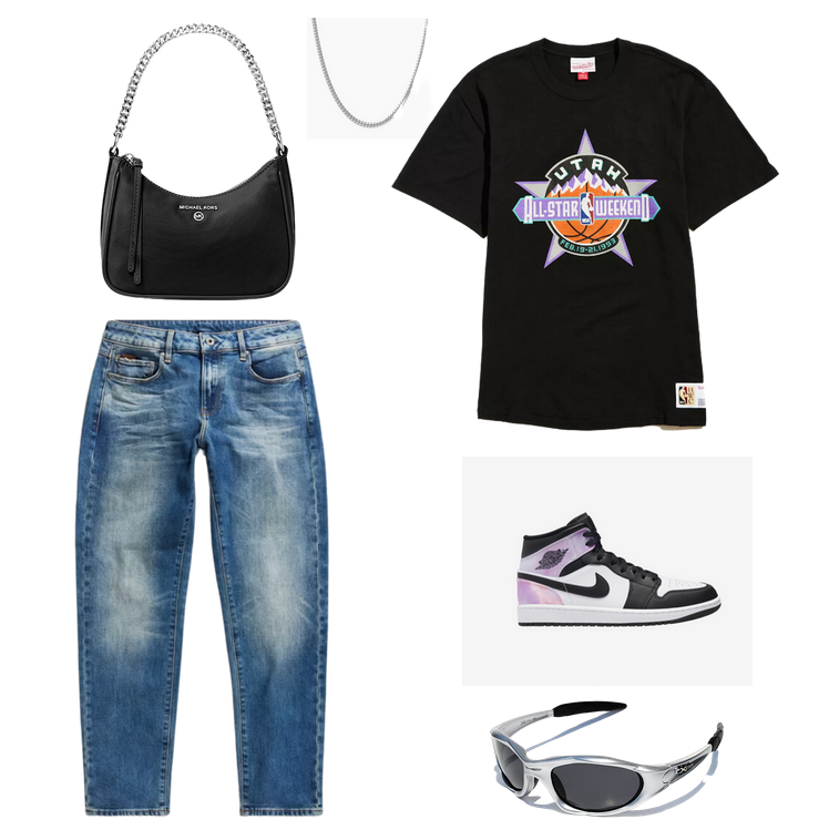 Tomboy outfits: Boyfriend jeans paired with basketball graphic tee, chain strap purse, high-top Nikes, and futuristic sunglasses