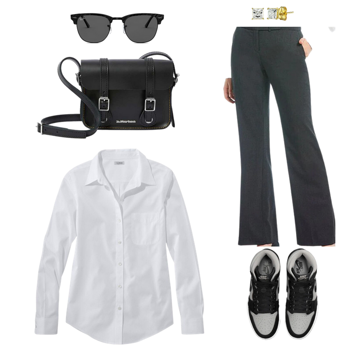 Tomboy style outfit with white button-down shirt, Air Jordans, flared trouser pants, satchel purse, and Clubmaster sunglasses