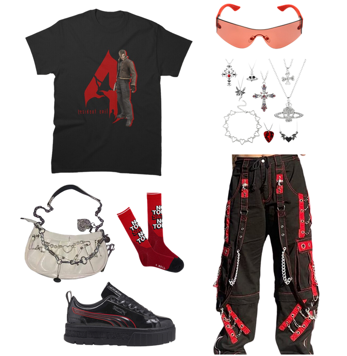 2000s emo style tomboy outfit with oversized red and black cargo pants, red and black sneakers, emo jewelry, and a resident evil 4 t-shirt