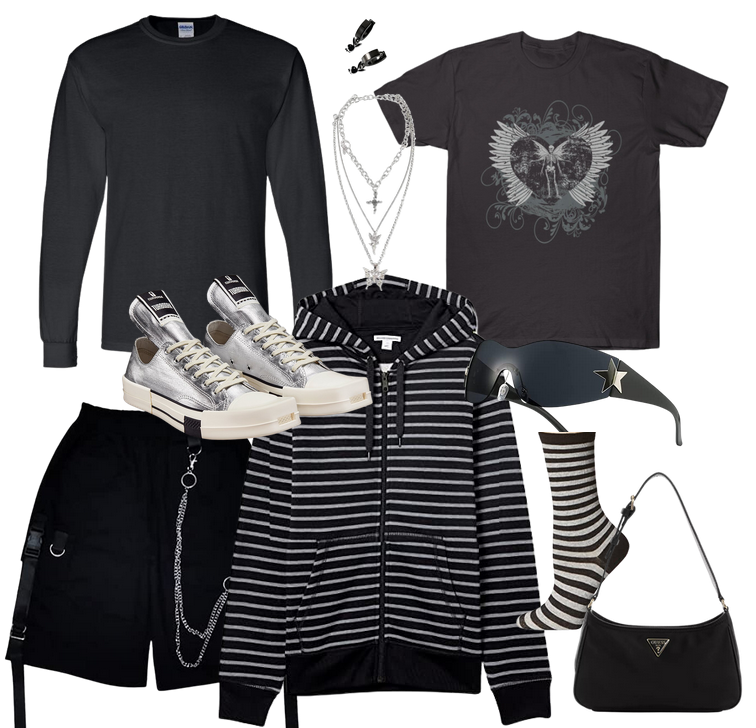 Tomboy outfit idea with black cargo shorts, menswear tee, oversized black and white hoodie, silver sneakers and jewelry