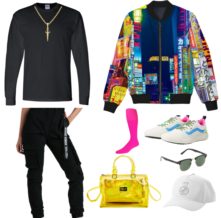 Tomboy bomber jacket outfit with menswear tee, cargo pants, oversized bomber jacket in bright colors, neon pink socks, a white hat, clubmaster sunglasses and white and neon sneakers