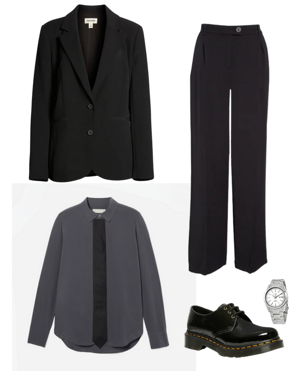 Menswear-inspired tomboy outfit with black suit pants, gray button-down shirt, oxfords, and black oversized blazer