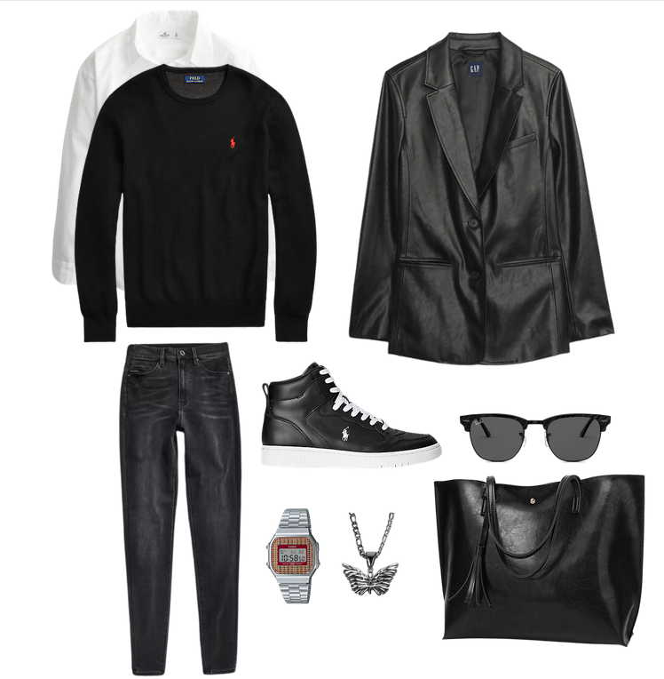 Tomboy outfit idea with black leather blazer, white oxford shirt layered under a black sweater, dark wash jeans, black sneakers, black tote bag and clubmaster sunglasses