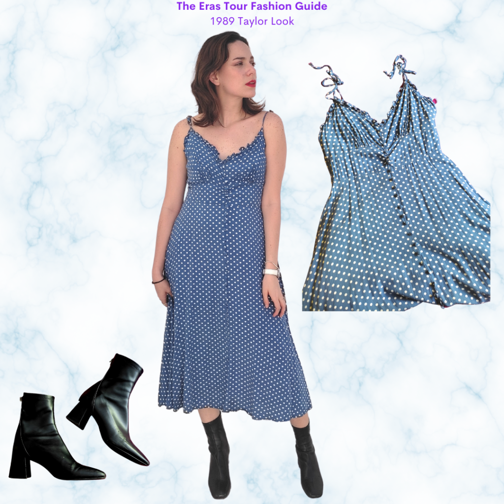 The Eras Tour Fashion Guide: 1989 Taylor, blue polka dot flowy dress, black sock booties, red lipstick