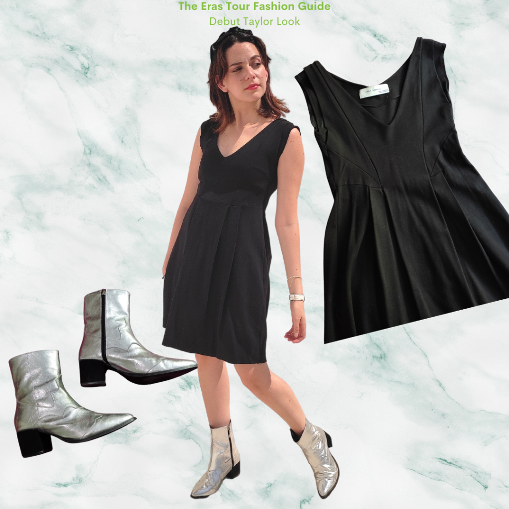 The Eras Tour Fashion Guide: Debut Taylor black v-neck dress, silver cowboy boots