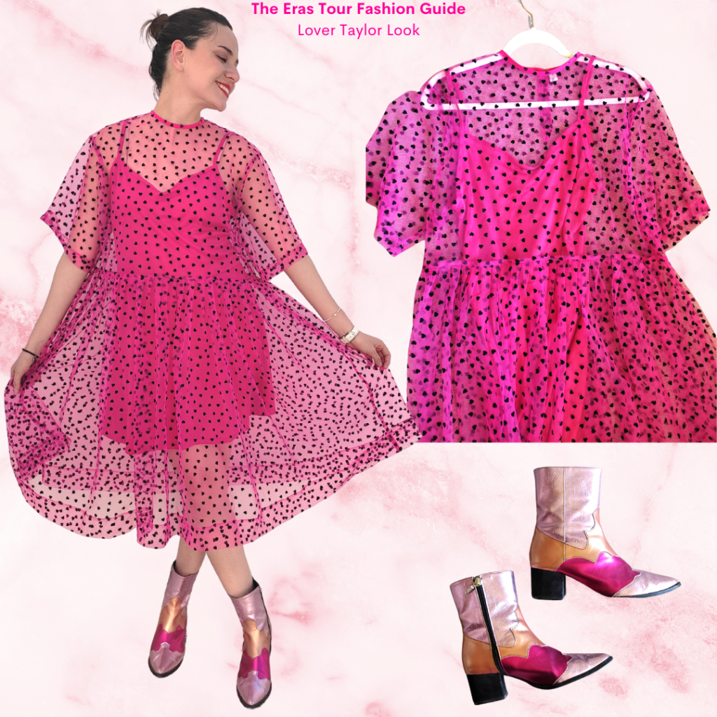 The Eras Tour Fashion Guide: Lover Taylor, mesh pink midi dress, hearts pattern, pink slip dress, metallic pink cowboy boots, red lisptick