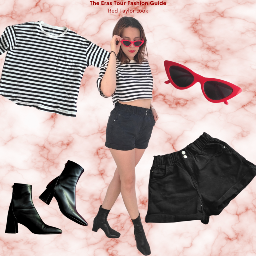 The Eras Tour Fashion Guide: Red Taylor, black and white striped t-shirt, high-waisted black shorts, black sock booties, red sunglasses, red lipstick