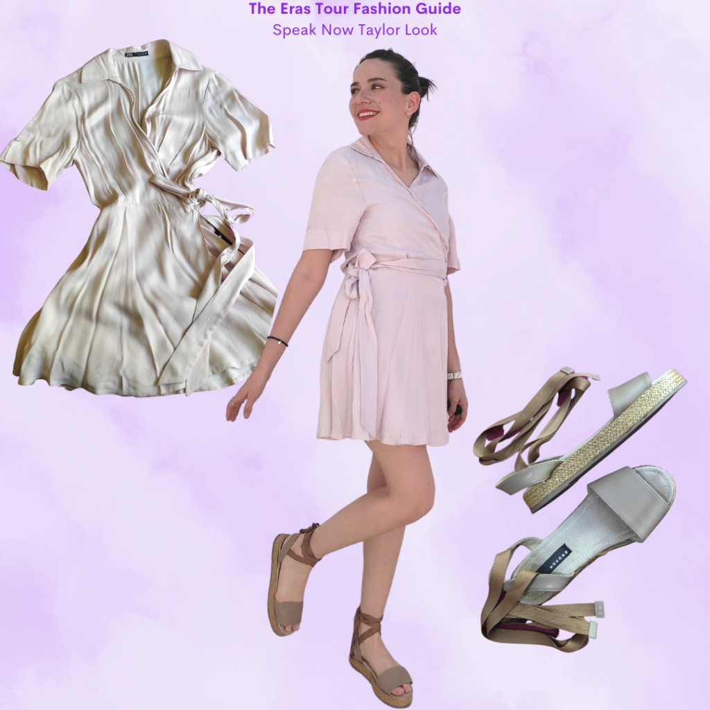 The Eras Tour Fashion Guide: Speak Now Taylor, lilac wrap silk dress, beige espadrilles