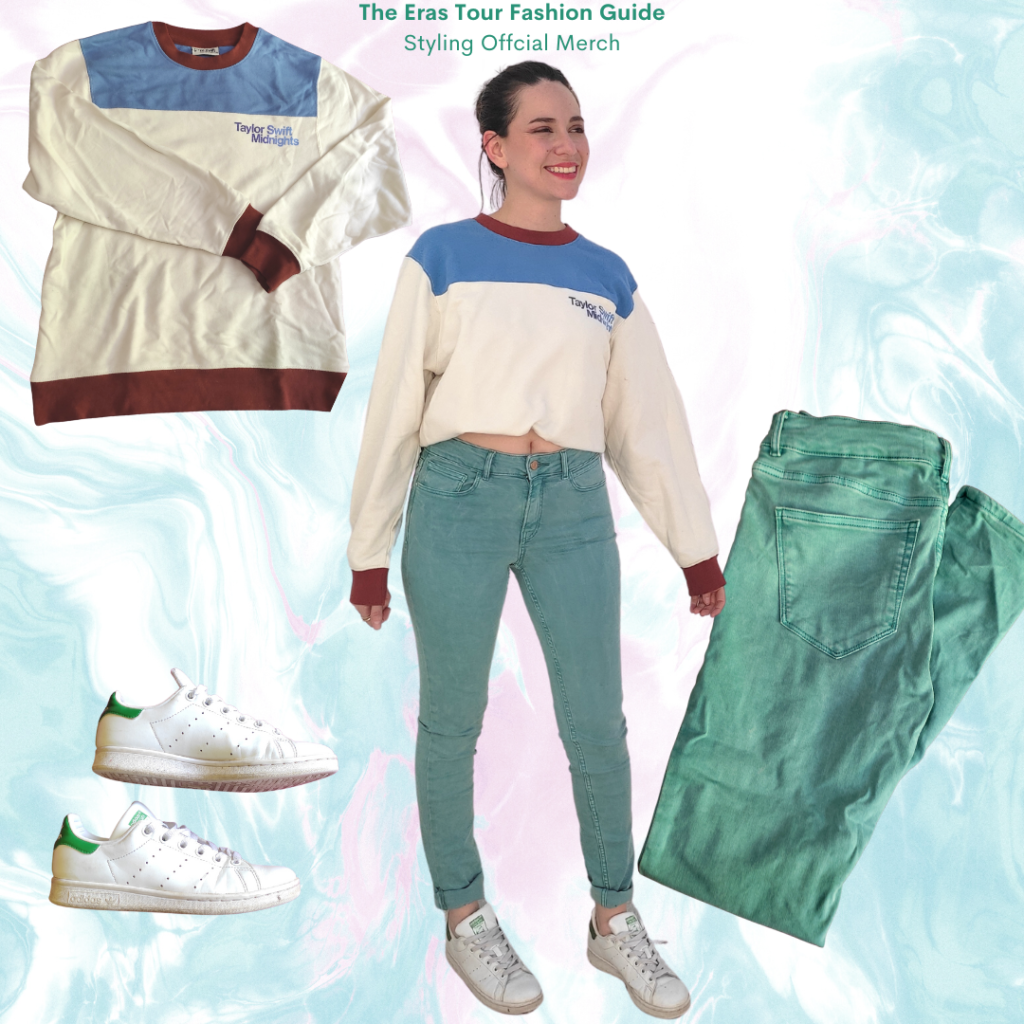 The Eras Tour Fashion Guide Styling Offcial Merch, Midnights Colo block sweatshirt, jade green skinny jeans, white sneakers