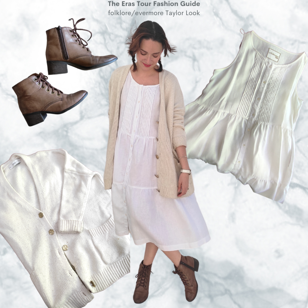 The Eras Tour Fashion Guide: folkmore Taylor, white cotton dress, off white cardigan, brown booties