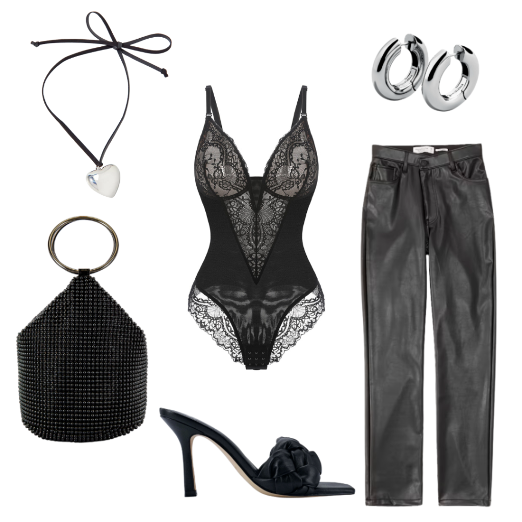 Black monochrome outfit for going out with black lace bodysuit, high-waisted leather trousers, woven heels, crystal bag, chunky heart necklace, and chunky silver hoops
