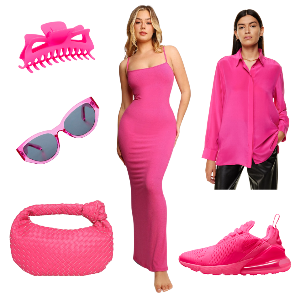 Hot pink monochrome outfit with hot pink maxi dress, hot pink sneakers, pink woven mini bag, hot pink button-down shirt, pink claw clip and sunglasses