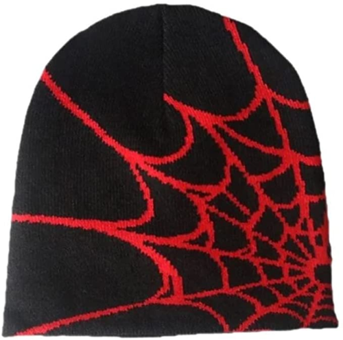 Black beanie with red spider web graphic