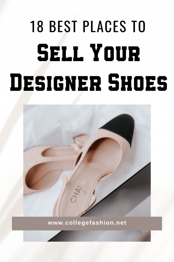 Where to sell your designer shoes header graphic with text and photo of Chanel two-tone heels