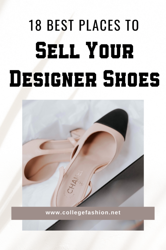 Where to sell your designer shoes header graphic with text and photo of Chanel two-tone heels, selling price