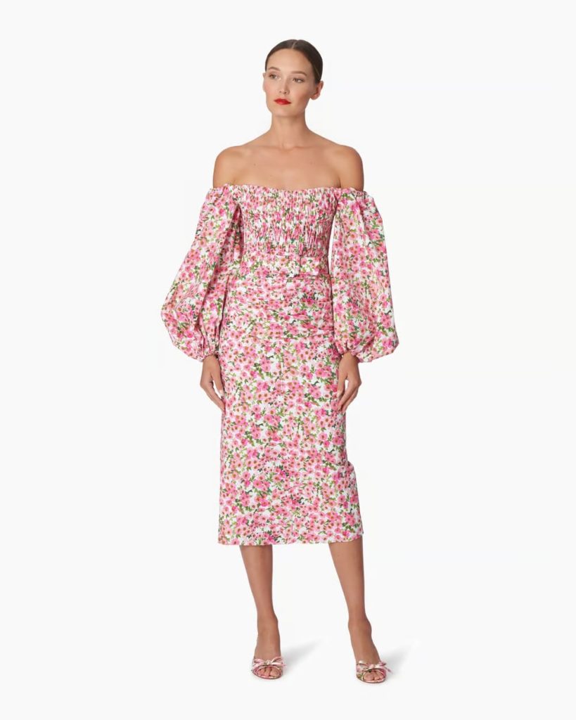 Anemone-Print Off-Shoulder Balloon Sleeve Dress