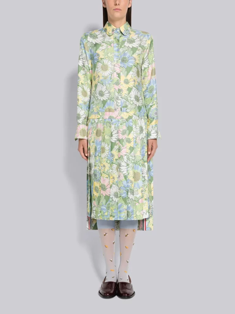 FLORAL SILK TWILL PLEATED BELOW THE KNEE SHIRTDRESS