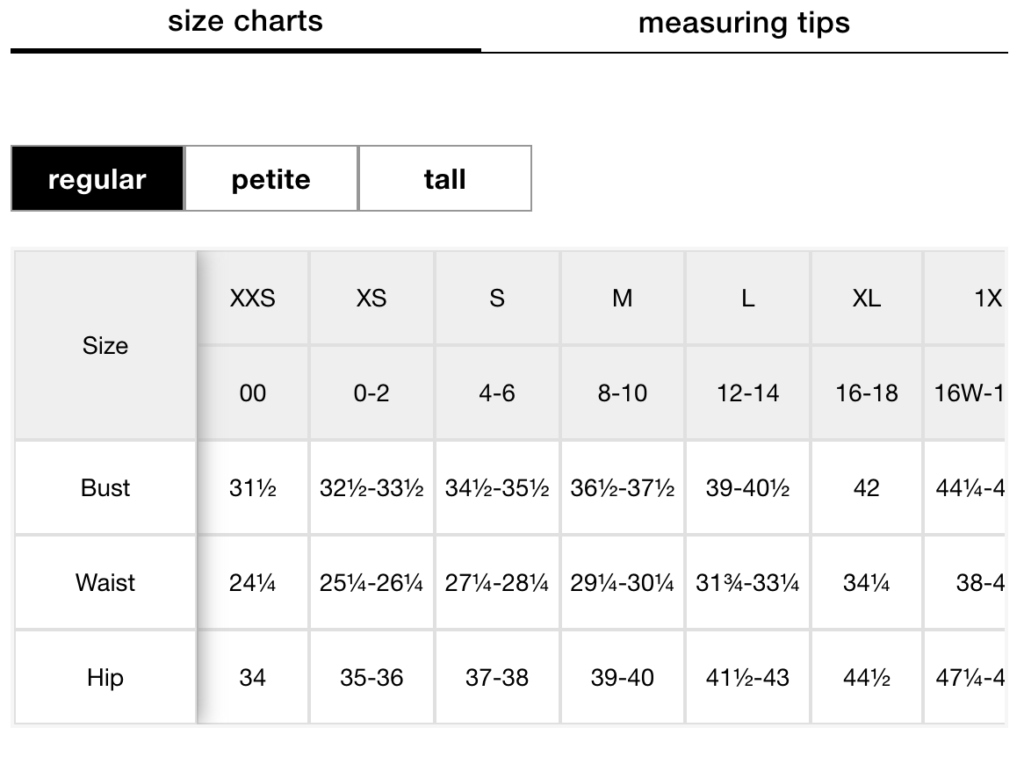 Athleta size chart