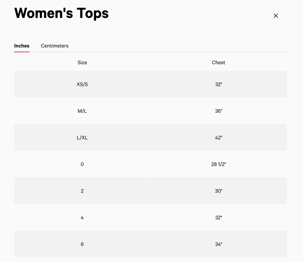 Lulu Lemon size chart