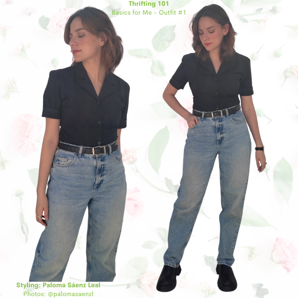 Thrifting 101: Black button up shirt, slouchy jeans, black clogs