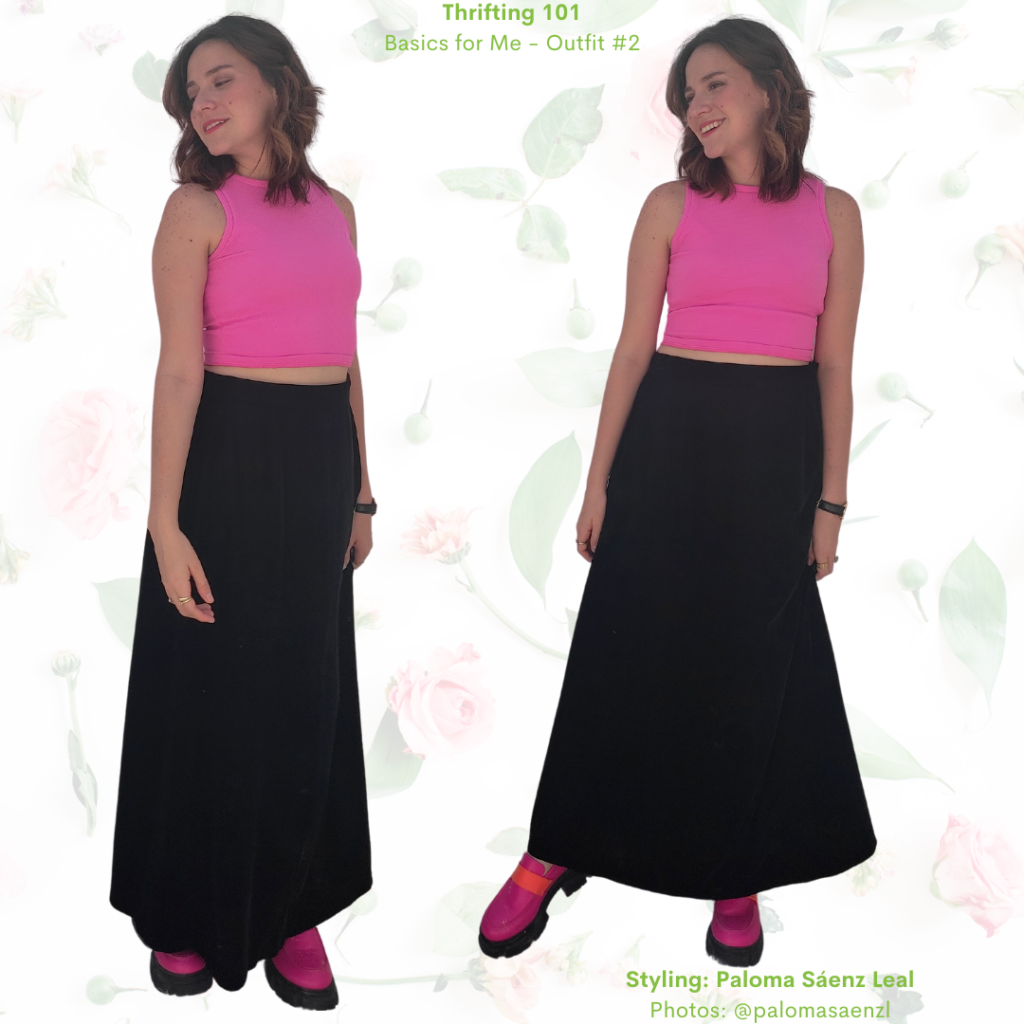 Thrifting 101: Pink crop top, black velvet skirt, pink and orange loafers. 