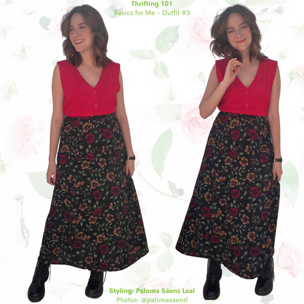Thrifting 101: Red knit vets, black floral skirt, black Doc Martens