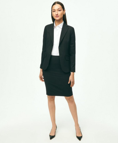 Business professional outfit from Brooks Brothers: Black pencil skirt, white blouse, black blazer