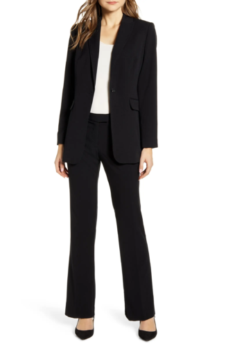 Vince Camuto business professional outfit with all black suit, white top, and black closed toe heels