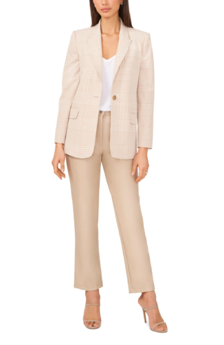 Summer business casual outfit with beige straight leg trousers, nude open toe heels, beige and white plaid blazer, white top