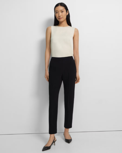 Business professional outfit idea from Theory: Black pants, black low heel pumps, conservative tank