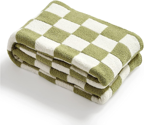 Dorm room ideas: Colorful checkerboard throw blanket in green and white