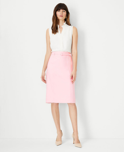Pink pencil skirt and white sleeveless blouse business casual outfit for summer